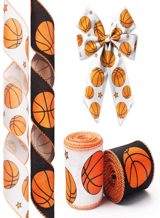 Glodecart 2 Rolls Basketball Ribbon for Wreath Bows Wrapping Gifts, Burlap White Black Basketball Team Ribbons for Gift Wrapping Party Decoration DIY Crafts 2.5" X 10 Yard Game Day Sports Wired Ribbon - Image 1